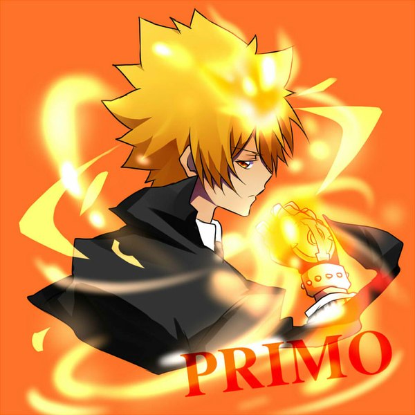 Anime picture 1000x1000 with katekyou hitman reborn vongola primo giotto matsurinnu single looking at viewer simple background blonde hair yellow eyes profile inscription orange background boy gloves cloak fist flame