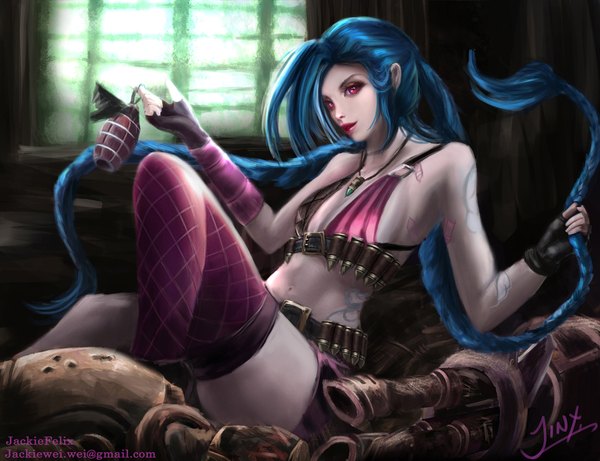 Anime picture 1800x1385 with league of legends jinx (league of legends) jackie felix single highres breasts light erotic red eyes blue hair very long hair lips tattoo lipstick flat chest red lipstick girl thighhighs gloves weapon fingerless gloves