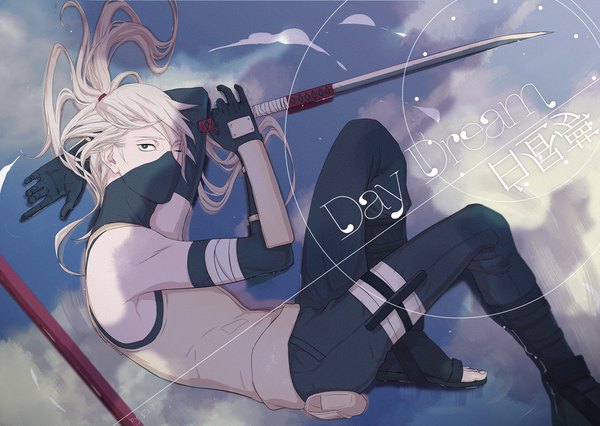 Anime picture 1772x1261 with naruto studio pierrot naruto (series) hatake kakashi meanfos single long hair looking at viewer highres holding sky cloud (clouds) bent knee (knees) white hair lying one eye closed black eyes arm support on side reflection