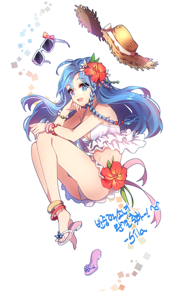 Anime picture 600x966 with original interitio single long hair tall image looking at viewer open mouth blue eyes white background blue hair ahoge braid (braids) hair flower arm support weightlessness hat removed shoes removed sunglasses removed embryo's pose girl