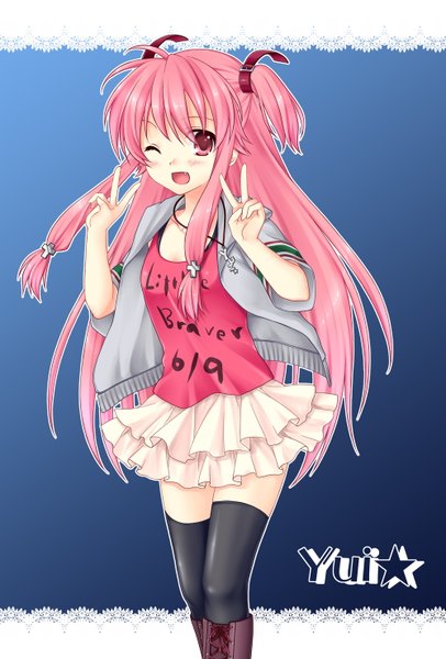 Anime picture 1000x1478 with angel beats! key (studio) yui (angel beats!) 467 (artist) single long hair tall image blush open mouth pink hair one eye closed pink eyes wink two side up zettai ryouiki victory girl thighhighs skirt black thighhighs