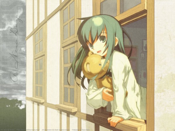 Anime picture 1600x1200 with kino no tabi kino (kino no tabi) kuroboshi kouhaku tama-neko single long hair looking at viewer open mouth smile green eyes green hair wallpaper third-party edit girl skirt window building (buildings) teddy bear