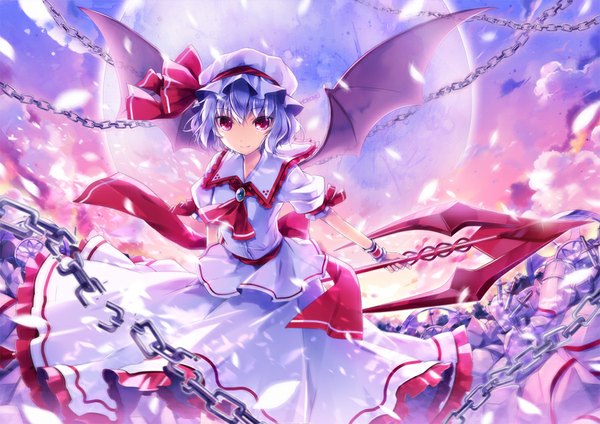 Anime picture 900x636 with touhou remilia scarlet 6u (eternal land) single looking at viewer fringe short hair purple hair cloud (clouds) outdoors pink eyes light smile wind short sleeves girl weapon petals sword moon chain
