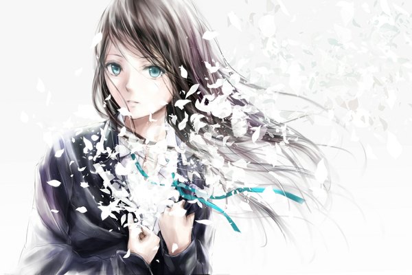 Anime picture 1100x735 with original nuwanko single long hair looking at viewer blue eyes black hair girl ribbon (ribbons) shirt petals