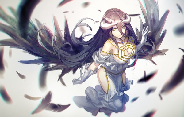 Anime picture 2000x1278 with overlord (maruyama) madhouse albedo (overlord) infukun single long hair looking at viewer fringe highres black hair yellow eyes cleavage horn (horns) blurry flying black wings girl dress gloves wings