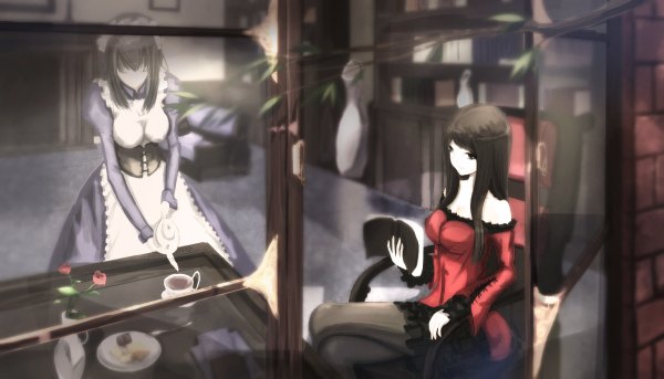 Anime picture 1200x686 with original kikivi long hair black hair wide image sitting bare shoulders multiple girls black eyes maid girl dress flower (flowers) 2 girls window book (books) cup
