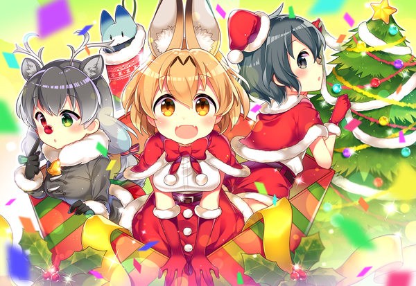 Anime picture 1500x1033 with kemono friends serval (kemono friends) kaban (kemono friends) lucky beast (kemono friends) reindeer (kemono friends) kurisu sai looking at viewer blush fringe short hair open mouth black hair blonde hair hair between eyes twintails multiple girls animal ears yellow eyes :d profile