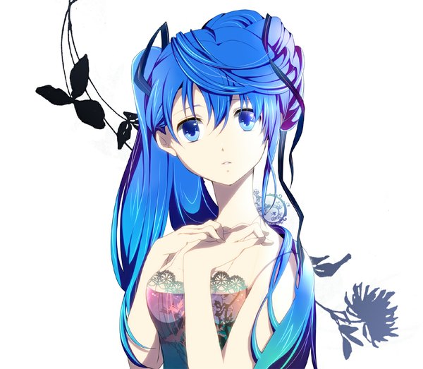Anime picture 1000x873 with vocaloid hatsune miku mariwai (marireroy) single long hair looking at viewer blue eyes simple background white background bare shoulders blue hair girl dress