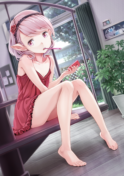 Anime picture 776x1097 with original ell single tall image short hair light erotic sitting bent knee (knees) pink eyes pointy ears grey hair legs girl nightie