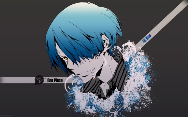 Anime picture 2560x1600 with one piece toei animation sanji single fringe highres short hair wide image yellow eyes blue hair hair over one eye copyright name smoking boy cigarette