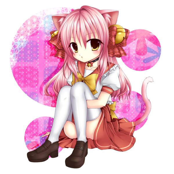 Anime picture 2000x2000 with original asazuki kanai long hair blush highres animal ears yellow eyes pink hair full body cat ears cat girl cat tail girl thighhighs uniform bow hair bow school uniform white thighhighs bowtie