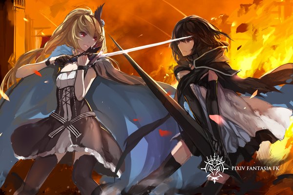 Anime picture 2125x1417 with original pixiv fantasia pixiv fantasia fallen kings paradise (character) armeechef swd3e2 long hair highres short hair black hair blonde hair red eyes multiple girls brown eyes battle logo girl thighhighs dress gloves