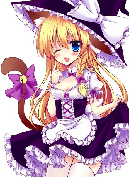 Anime picture 822x1120 with touhou kirisame marisa honoka (1399871) single long hair tall image blush open mouth blue eyes simple background blonde hair white background animal ears tail braid (braids) animal tail one eye closed wink cat ears cat girl