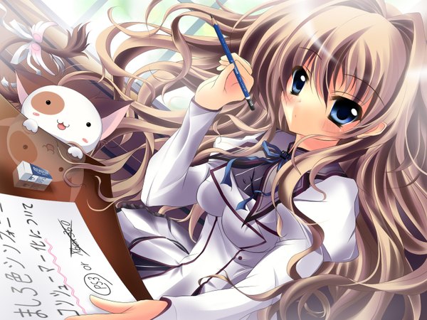 Anime picture 1600x1200 with mashiroiro symphony sena airi suemizu yuzuki long hair blush blue eyes brown hair reflection girl animal cat table paper pen