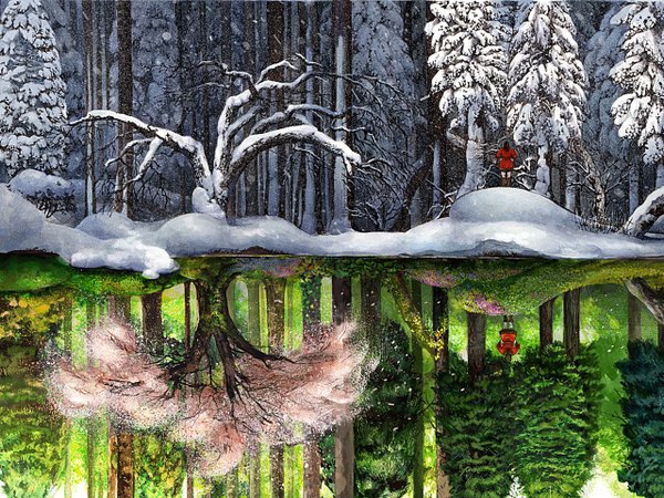 Anime picture 1280x960 with rib roast (artist) wind cherry blossoms snowing reflection winter snow landscape summer nature different reflection girl plant (plants) tree (trees) water forest