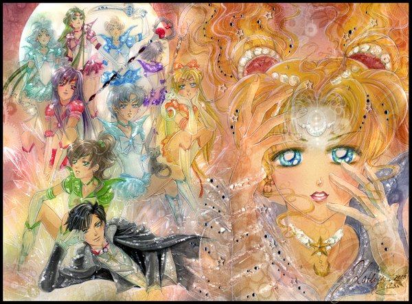 Anime picture 1379x1020 with bishoujo senshi sailor moon toei animation tsukino usagi sailor moon aino minako kino makoto sailor venus sailor mars sailor mercury sailor jupiter sailor saturn meiou setsuna sailor neptune chiba mamoru sailor uranus sailor pluto tuxedo kamen yaichino (artist) long hair blush