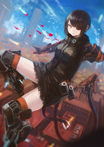 Anime picture 2893x4092 with original sumi elias kasagarasu single tall image looking at viewer fringe highres short hair black hair payot sky cloud (clouds) bent knee (knees) tail blunt bangs parted lips one eye closed blurry orange eyes