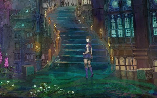 Anime picture 1280x800 with original munashichi single wide image cloud (clouds) looking back wallpaper city cityscape landscape girl flower (flowers) window building (buildings) stairs