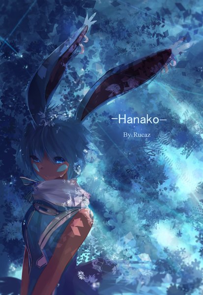 Anime picture 1000x1453 with rucaz (wata okami) single tall image fringe short hair blue eyes bare shoulders signed animal ears blue hair sunlight facial mark sunbeam girl dress leaf (leaves) blue dress