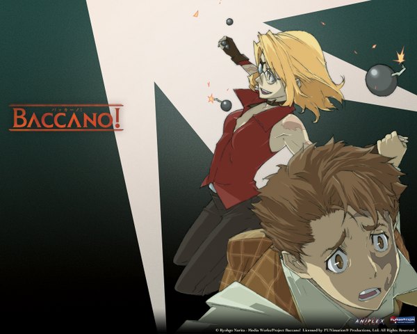 Anime picture 1280x1024 with baccano! jacuzzi splot nice holystone short hair open mouth blonde hair brown hair bare shoulders brown eyes yellow eyes holding hands scar jumping running laughing scared shirt choker glasses fingerless gloves