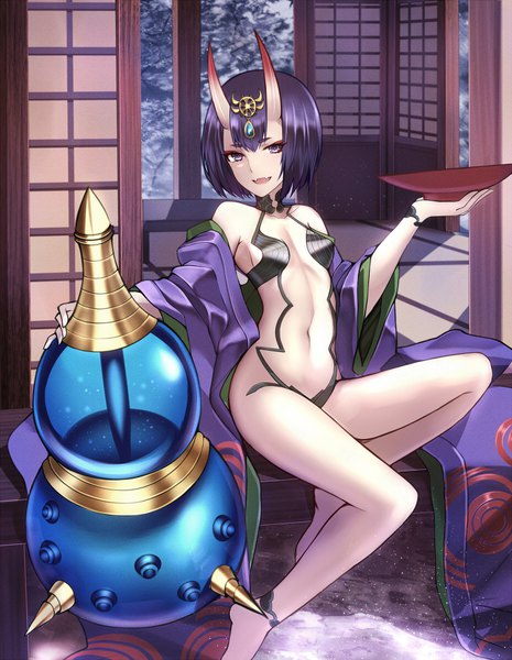 Anime picture 1488x1920 with fate (series) fate/grand order shuten douji (fate) shiguru single tall image looking at viewer fringe short hair breasts open mouth light erotic sitting purple eyes holding purple hair traditional clothes :d japanese clothes horn (horns)