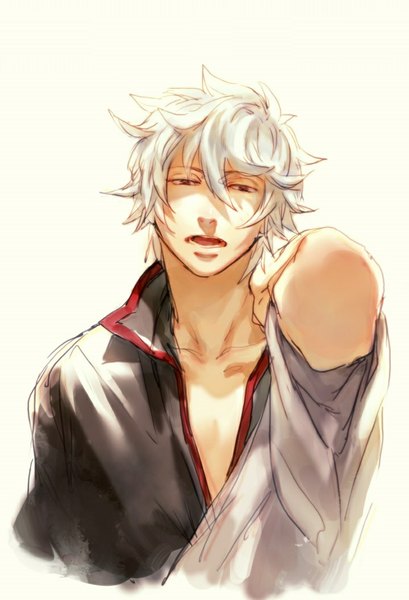Anime picture 720x1055 with gintama sunrise (studio) sakata gintoki hangleing single tall image looking at viewer short hair open mouth simple background red eyes white hair traditional clothes japanese clothes partially open clothes boy
