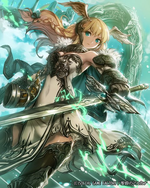 Anime picture 1920x2400 with seikon no qwaser umberwig single long hair tall image looking at viewer highres blonde hair standing bare shoulders holding green eyes sky cloud (clouds) braid (braids) horn (horns) inscription magic single braid head wings
