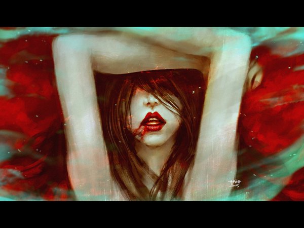Anime picture 1200x900 with original mara (original character) nanfe single long hair fringe open mouth black hair signed hair over one eye realistic teeth lipstick letterboxed close-up red lipstick girl blood