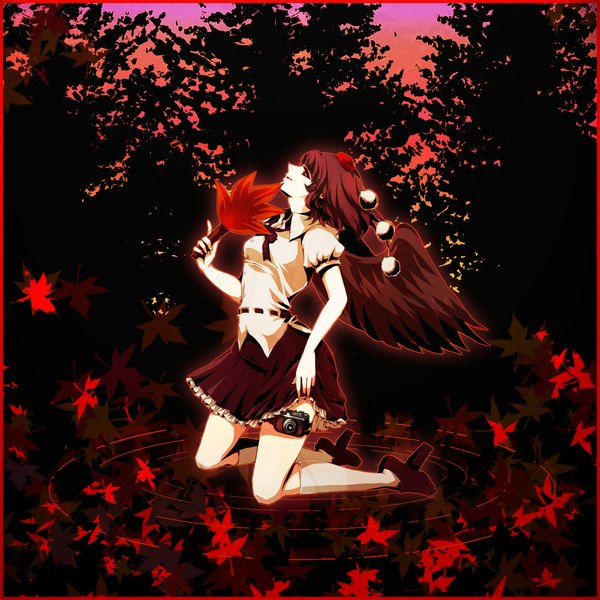 Anime picture 1000x1000 with touhou shameimaru aya awa toka single short hair red eyes brown hair profile kneeling border skirt lift girl wings socks leaf (leaves) white socks fan camera tokin hat hauchiwa