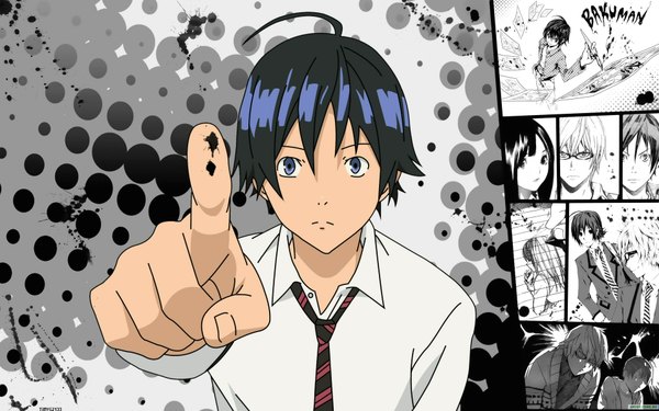 Anime picture 1920x1200 with bakuman. j.c. staff mashiro moritaka highres short hair blue eyes wide image blue hair ahoge manga boy shirt necktie