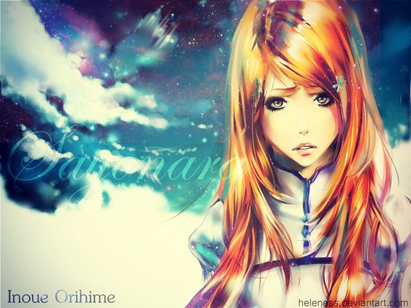 Anime picture 3648x2736 with bleach studio pierrot inoue orihime heleness single long hair looking at viewer highres absurdres cloud (clouds) orange hair inscription teeth grey eyes text frown girl hair ornament hairclip