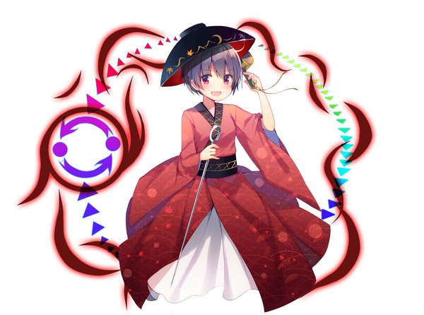 Anime picture 1750x1302 with touhou sukuna shinmyoumaru koto seori single looking at viewer blush fringe highres short hair open mouth hair between eyes white background purple hair traditional clothes :d japanese clothes pink eyes >:d danmaku girl
