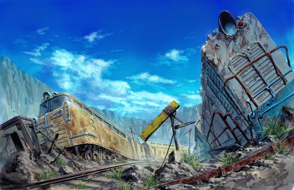 Anime picture 1240x800 with original kaji (artist) sky cloud (clouds) no people landscape ruins rock plant (plants) grass train railways