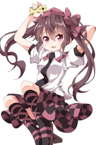 Anime picture 797x1200 with touhou himekaidou hatate ruu (tksymkw) single long hair tall image blush fringe open mouth simple background brown hair white background sitting twintails pink eyes arm behind head checkered skirt girl skirt bow