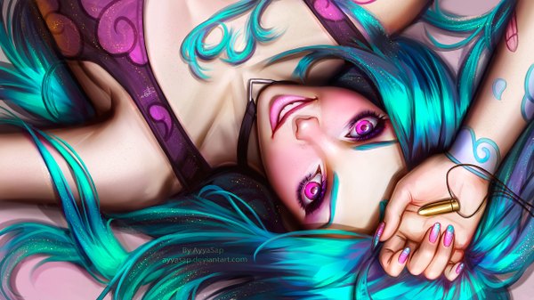 Anime picture 2560x1440 with league of legends jinx (league of legends) ayyasap single long hair looking at viewer highres open mouth smile wide image signed blue hair purple hair upper body lying pink eyes multicolored hair fingernails lips realistic