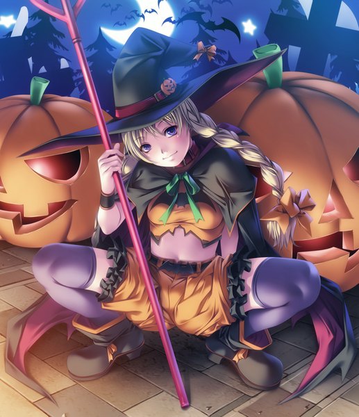 Anime picture 862x1000 with original rezi single long hair tall image looking at viewer blonde hair purple eyes braid (braids) halloween witch girl thighhighs bow black thighhighs hair bow animal boots cape witch hat