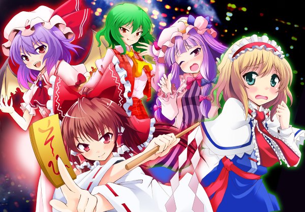 Anime picture 1200x834 with touhou hakurei reimu remilia scarlet patchouli knowledge kazami yuuka kana anaberal blush blonde hair smile red eyes brown hair purple eyes braid (braids) aqua eyes green hair maid twin braids miko bat wings girl