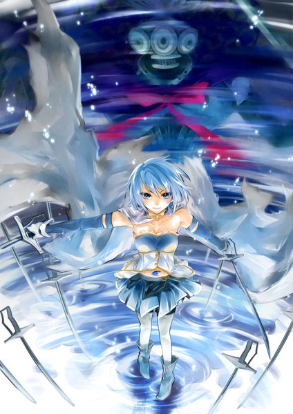 Anime picture 800x1131 with mahou shoujo madoka magica shaft (studio) miki sayaka oktavia von seckendorff tg tall image looking at viewer fringe short hair blue eyes hair between eyes blue hair full body from above bare belly spread arms girl thighhighs gloves weapon