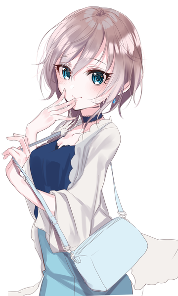 Anime picture 1200x2000 with idolmaster idolmaster cinderella girls anastasia (idolmaster) sinsihukunokonaka single tall image looking at viewer blush fringe short hair breasts blue eyes simple background smile hair between eyes standing white background cleavage silver hair upper body