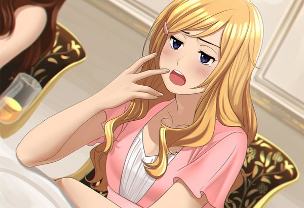 Anime picture 1187x812 with love money rock'n'roll eli (love money rock'n'roll) revolmxd single long hair blush fringe open mouth blonde hair sitting purple eyes girl dress