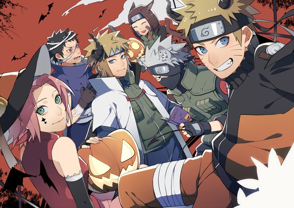 Anime picture 1000x707 with naruto studio pierrot naruto (series) uzumaki naruto haruno sakura hatake kakashi uchiha obito namikaze minato nohara rin kiragera looking at viewer blush short hair open mouth blue eyes black hair blonde hair smile brown hair purple eyes