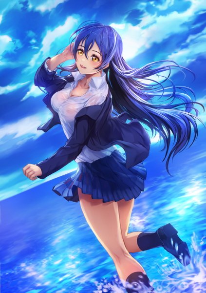 Anime picture 1694x2400 with love live! school idol project sunrise (studio) love live! sonoda umi a-line single long hair tall image blush open mouth yellow eyes blue hair sky cloud (clouds) girl skirt uniform school uniform shirt water