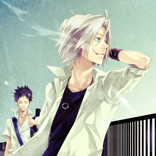 Anime picture 814x814 with katekyou hitman reborn gokudera hayato yamamoto takeshi maka (morphine) short hair blue eyes black hair looking away silver hair eyes closed wind open clothes multiple boys open shirt smoke hand on head smoking twisty sleeves boy uniform