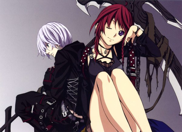 Anime picture 3539x2579 with seikon no qwaser oribe mafuyu aleksander nikolaevich hell looking at viewer highres short hair smile sitting purple eyes looking away absurdres white hair red hair one eye closed wink alternate costume back hand on head back to back girl