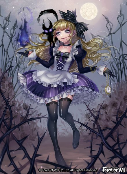 Anime picture 600x820 with original matsurika youko single long hair tall image blue eyes blonde hair smile girl dress gloves bow hair bow animal black gloves boots moon thigh boots cat thorns