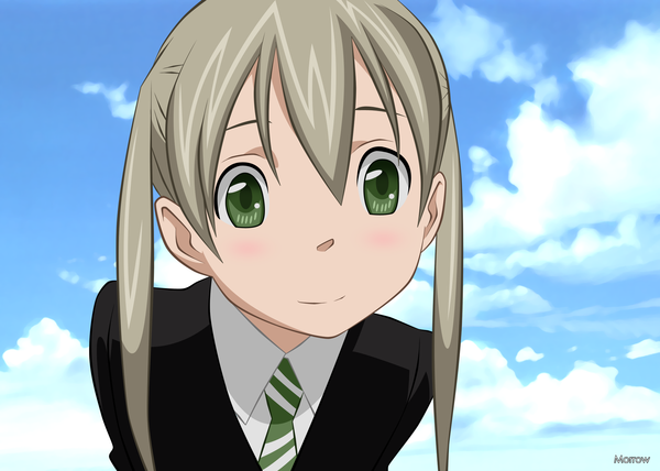 Anime picture 2200x1570 with soul eater studio bones maka albarn morrow single long hair looking at viewer blush highres blonde hair smile twintails green eyes sky cloud (clouds) portrait face vector girl necktie