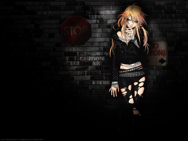 Anime picture 1600x1200 with trinity blood gonzo vanessa walsh yakumo shibata kiyo kyujyo single long hair looking at viewer blue eyes blonde hair nail polish inscription torn clothes dark background graffiti girl belt wall traffic sign