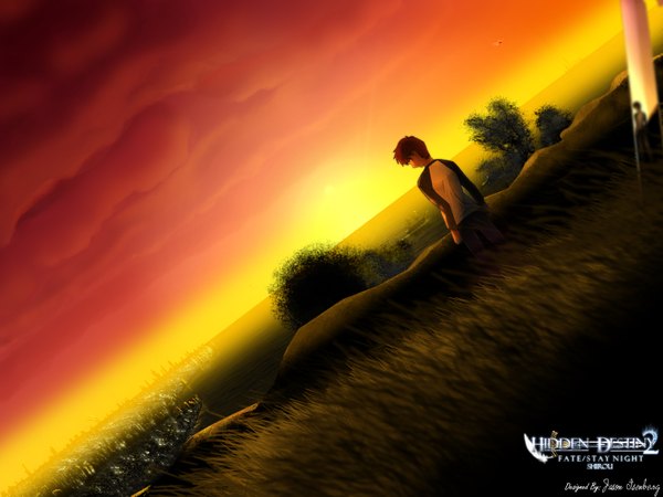 Anime picture 1600x1200 with fate (series) fate/stay night studio deen type-moon emiya shirou jason david isenberg single short hair standing signed cloud (clouds) outdoors red hair copyright name evening sunset boy plant (plants) grass