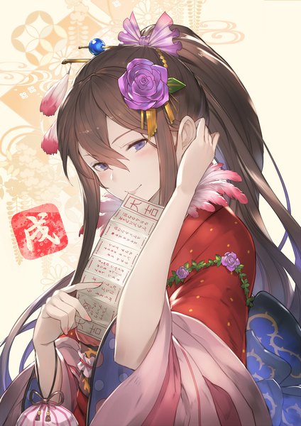 Anime picture 1447x2048 with granblue fantasy rosetta (granblue fantasy) kakage single long hair tall image looking at viewer blush fringe hair between eyes brown hair purple eyes holding upper body ponytail long sleeves nail polish traditional clothes japanese clothes arm up