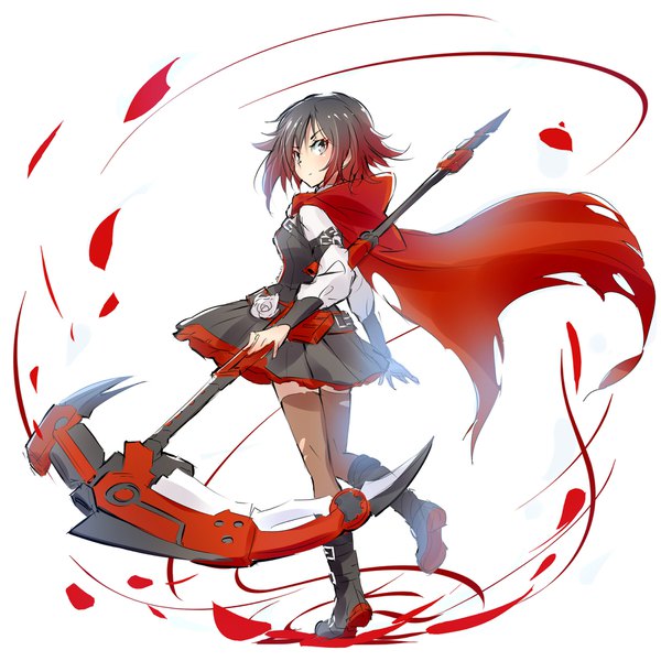 Anime picture 1800x1800 with rwby rooster teeth ruby rose iesupa single looking at viewer fringe highres short hair black hair simple background standing white background holding full body red hair long sleeves looking back from behind grey eyes